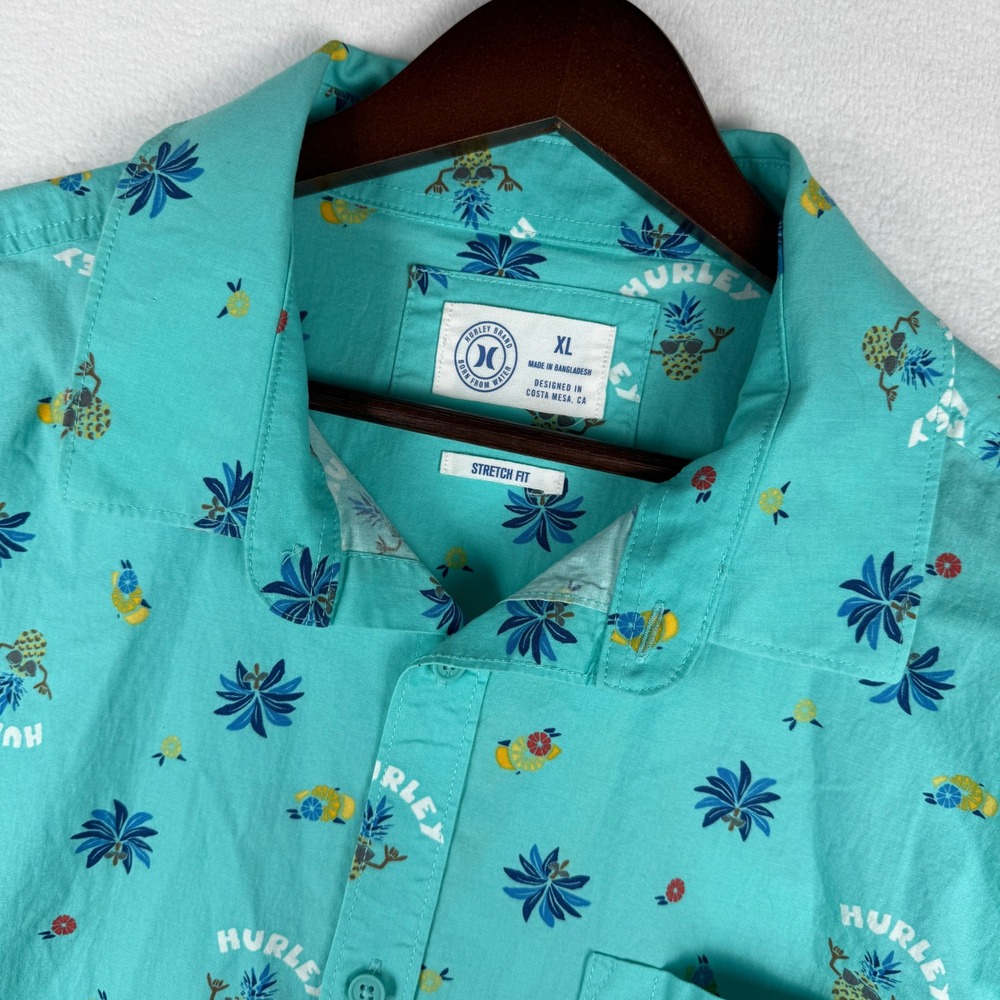 Hurley Hawaiian Shirt Mens XL Blue Floral Pineapple AOP Tropical Beach Vacation‎